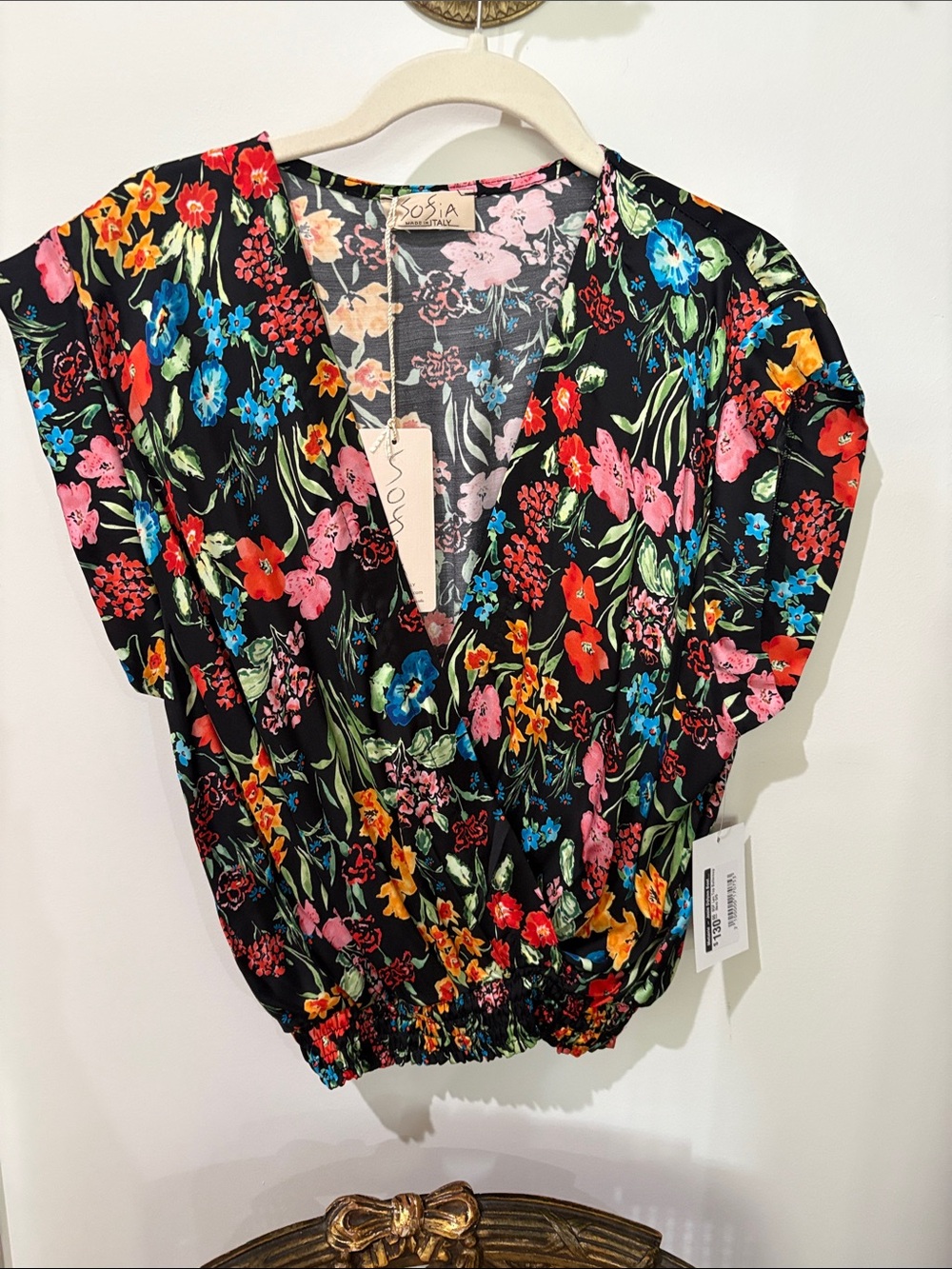 Floral V-Neck Blouse in Black with Multicolor Bloom